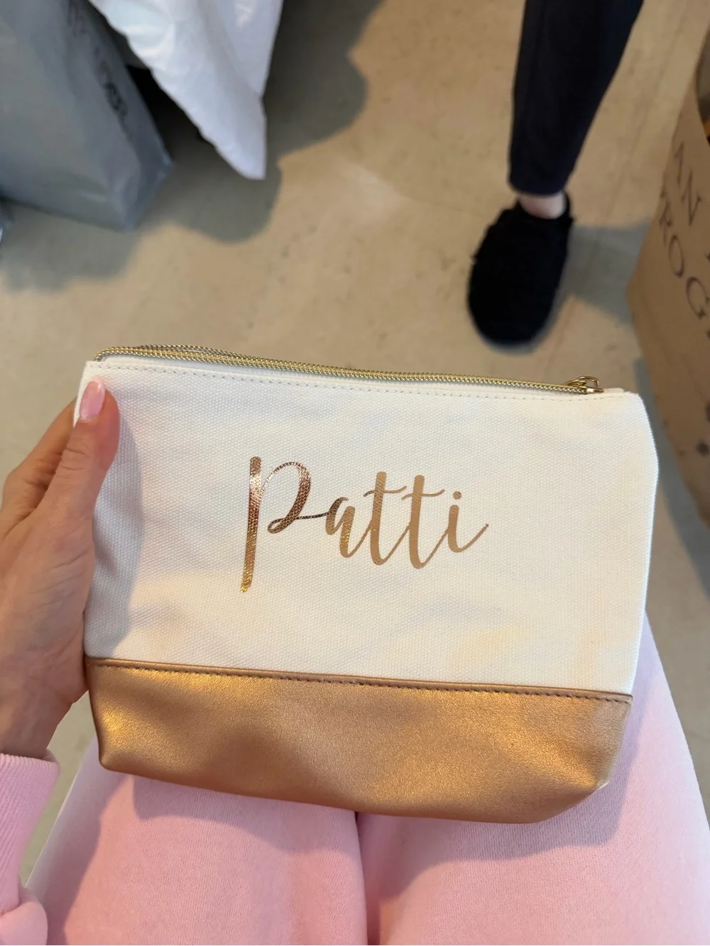 Personalized 'Patti' Canvas Cosmetic Bag in White and Rose Gold
